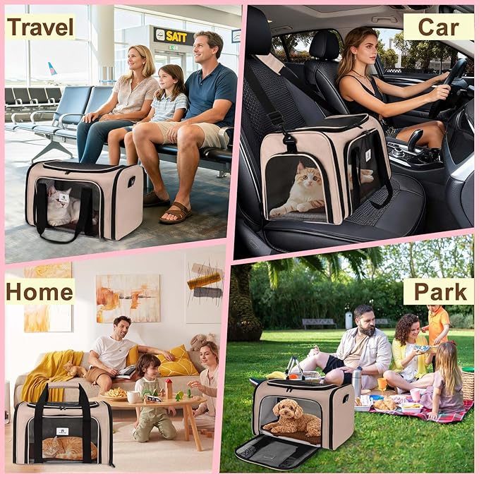 DSDCDJ Cat Carrier Dog Carrier - Soft-Sided Cat Carrier with Plush Pad & Cooling Mat, Easy-Load 4-Side Zipper & 3-Side Mesh Ventilation, Pet Carrier Airline Approved for Cats/Dogs Up to 20 lbs, Brown