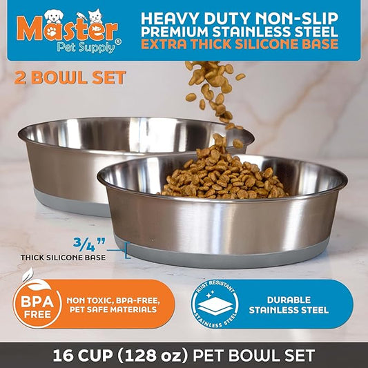 Master Pet Supply Stainless Steel Dog Bowls Set of 2 with Extra Thick Silicone Base - 16 Cup (128 oz) Graphite, Non-Slip, Dishwasher Safe Metal Bowls, Pet Dog Food Bowl for Dogs, Cats, Anti Rust