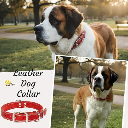 ADITYNA Heavy Duty Leather Dog Collar for Extra-Large Dogs - Soft and Strong Red Leather Collar for XL Breeds