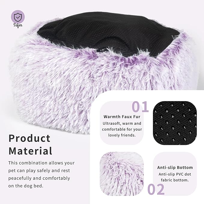 Calming Donut Dogs Beds for Small Dogs Washable,19inch Fluffy Round Puppy Bed for Puppies,Cats & Toy Breeds with Raised Rim,Fits up to 15 lbs Pets,Gradient Purple