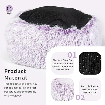 Calming Donut Dogs Beds for Small Dogs Washable,19inch Fluffy Round Puppy Bed for Puppies,Cats & Toy Breeds with Raised Rim,Fits up to 15 lbs Pets,Gradient Purple