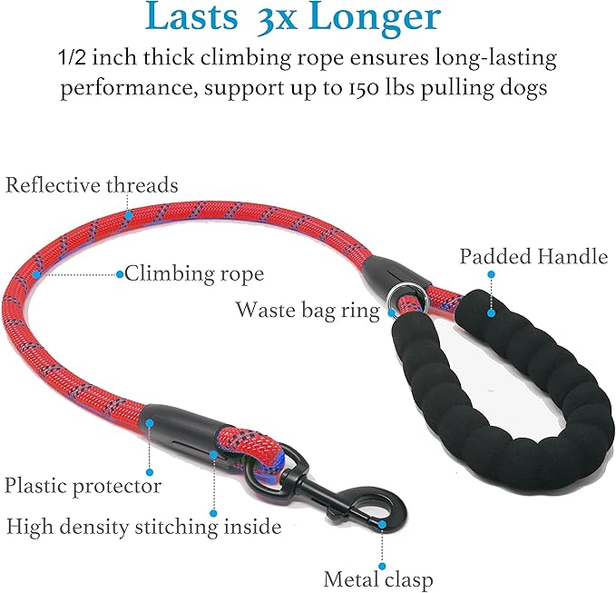 iYoShop Dual Dog Leash - 360° Swivel, No Tangle Walking Leash with Shock Absorbing Bungee for Two Dogs (Large, 25-150 lbs, Red)