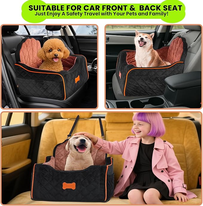 koneboss Dog Car Seat for Small Dogs Under 30lbs, Detachable Washable Pet Booster Seat with Safety Belt & Storage Pockets, Travel Car Bed, Black/Brown