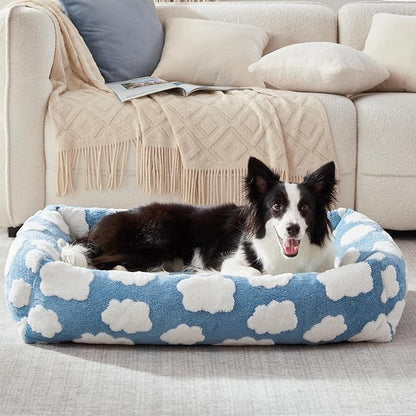 JOEJOY Cute Dog Bed Medium Size Dog, Rectangle Soft Furry Dog Beds for Large Medium Dogs, Washable Orthopedic Pet Bed with Removable Zipper Cover, Blue