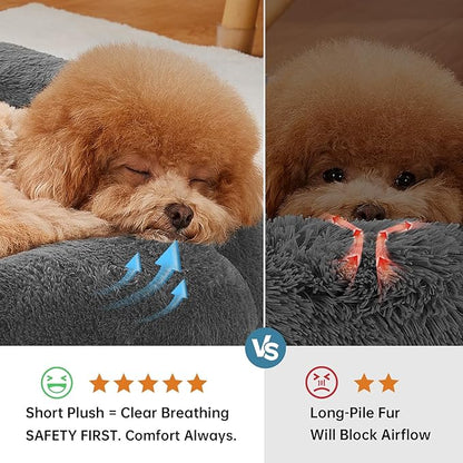 OhGeni 24 inches Calming Donut Dog & Cat Bed for Small Pets, Warming Comfort Fluffy Short Pile Fur, Durable Machine Washable, Cute Round Bed for Puppy and Kitten, Dark Gray