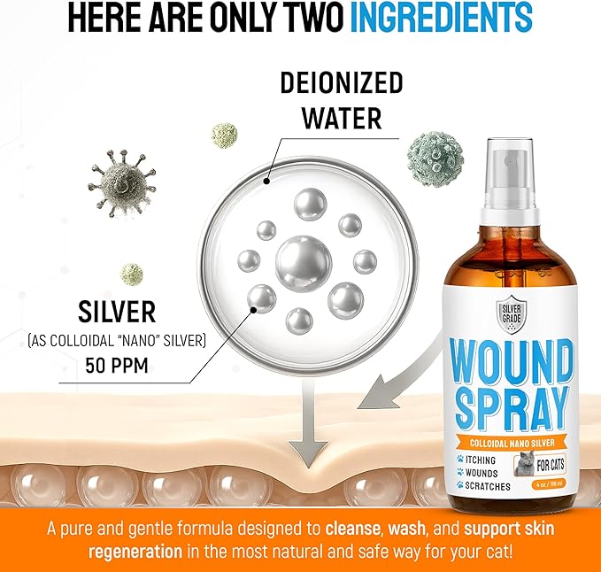 Cat Wound Care Spray with Silver – Wounds, Rashes, Hot Spots, Itch, Scratching, Irritation, Bites & Burns – Use a Cat Cone to Prevent Licking – Safe Formula – 4 Oz