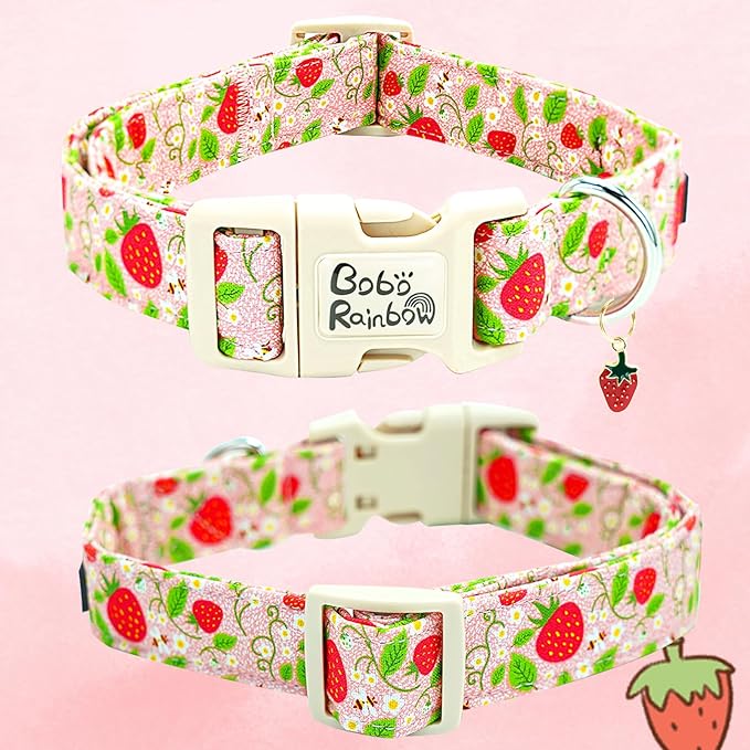 Dog Collar-Cute Strawberry Adjustable Pet Collars Soft Comfortable Spring Puppy Collar Pink Cotton Dog Collars Necklace Gift for X-Small Dogs