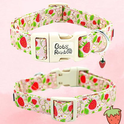 Dog Collar-Cute Strawberry Adjustable Pet Collars Soft Comfortable Spring Puppy Collar Pink Cotton Dog Collars Necklace Gift for X-Small Dogs