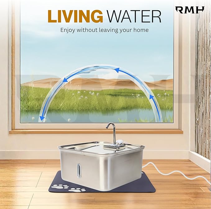 7L (28-Cup) Stainless Steel Dog & Cat Water Fountain with Large Waterproof Mat – Extra Large Automatic Pet Drinking Fountain for Large Dogs & Multi-Pet Homes – Ultra Quiet, 3-Stage Filter, LED Window