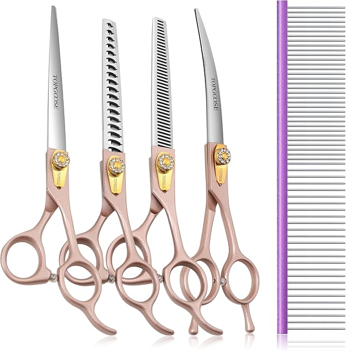 TOPGOOSE 7.5‘’ Professional Dog Grooming Scissors Set 440C Stainless Steel Straight Thinning Curved Chunker Shears 4PCS Set for Pet Grooming Services Dogs and Cats (Rose Gold, Set)
