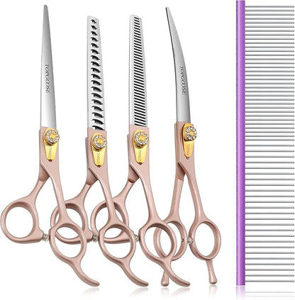 TOPGOOSE 7.5‘’ Professional Dog Grooming Scissors Set 440C Stainless Steel Straight Thinning Curved Chunker Shears 4PCS Set for Pet Grooming Services Dogs and Cats (Rose Gold, Set)