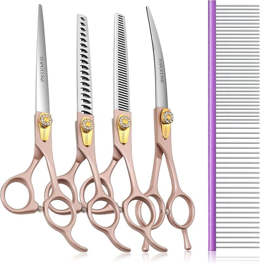 TOPGOOSE 7.5‘’ Professional Dog Grooming Scissors Set 440C Stainless Steel Straight Thinning Curved Chunker Shears 4PCS Set for Pet Grooming Services Dogs and Cats (Rose Gold, Set)