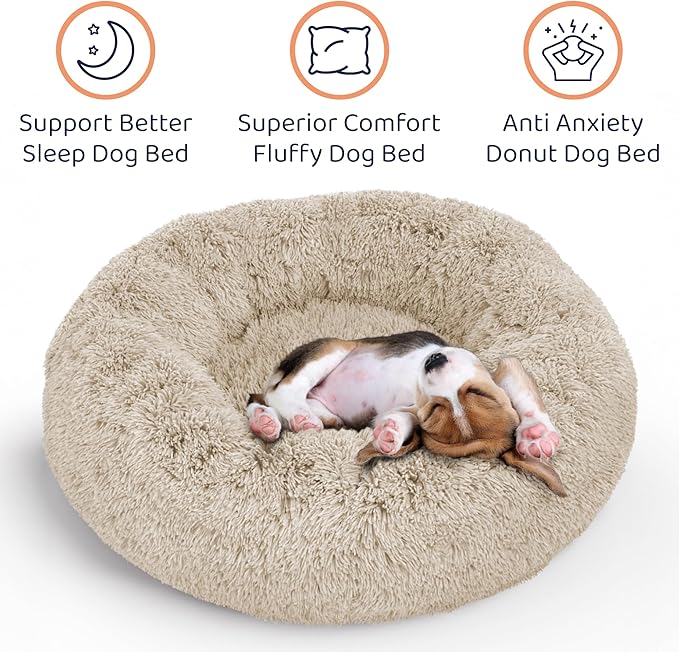 Donut Dog Bed - Premium Comfort for Anxiety Relief - Fluffy & Calming Design with Ultra-Plush Support | Cozy Round Dog Bed with Super Soft Circle Style (Beige, Large)