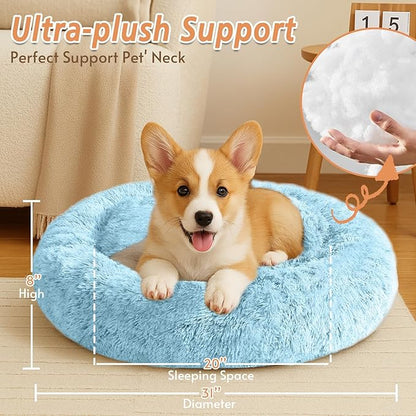 JOLLYVOGUE Calming Dog Bed Medium Size Dog, Anti-Anxiety Donut Medium Pet Bed, 31 inches Fluffy Faux Fur Round Cat Bed, Fits up to 45 lbs Pets (Light Blue)
