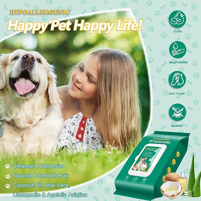 CHPPEY 20PCS Pet Cleaning and Deodorizing Grooming Glove Wipes for Dogs and Cats, Extra Thick Nourish Fur No-Rinse Grooming Wipes for Daily Care and Travel, Hypoallergenic