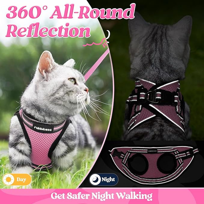 rabbitgoo Cat Harness and Leash Set for Walking Escape Proof, Adjustable Soft Kittens Vest with Reflective Strip for Cats, Comfortable Outdoor Vest, Pink, M