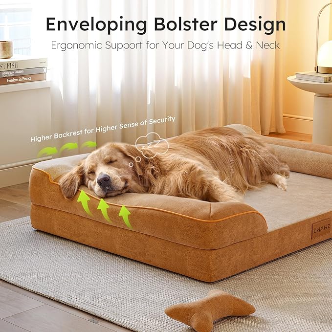 CWAWZ Extra Large Dog Bed, Orthopedic Dog Beds with Cooling Gel Memory Foam, Waterproof XL Pet Bed with Removable Washable Cover, 42" Pet Sofa Couch Dutch Velvet with Bone Toy, Brown