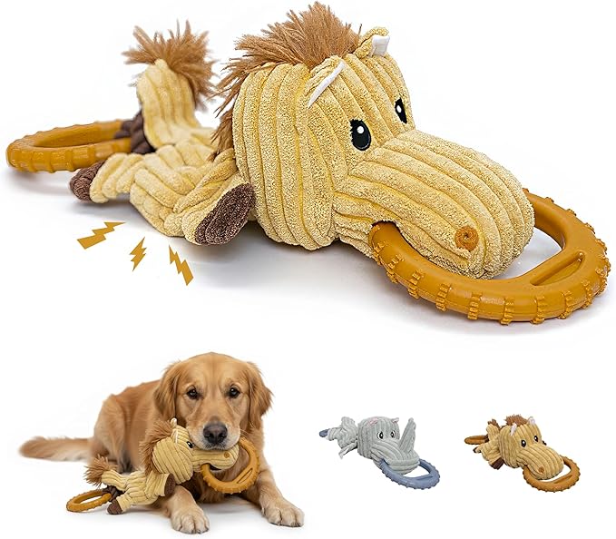 Corduroy Dog Chew Toy with Squeaker and Interactive Rubber Ring for Small Medium Large Breeds - Ideal for Tug of War and Fetch Play (Medium, Pony)