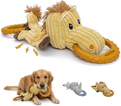 Corduroy Dog Chew Toy with Squeaker and Interactive Rubber Ring for Small Medium Large Breeds - Ideal for Tug of War and Fetch Play (Medium, Pony)