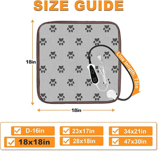 Bestio Cat Heating Pad, 18×18In Waterproof Heated Dog Caat Bed, UL&MET Dual Certification, Pet Heating Pads for Cats Dogs with Smart Switch Can Freely Adjust 1-24 Hours - Paw