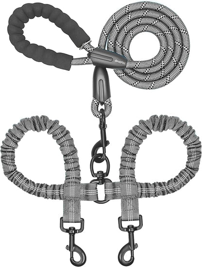 iYoShop Dual Dog Leash - 360° Swivel, No Tangle Walking Leash with Shock Absorbing Bungee for Two Dogs (Large, 25-150 lbs, Grey)