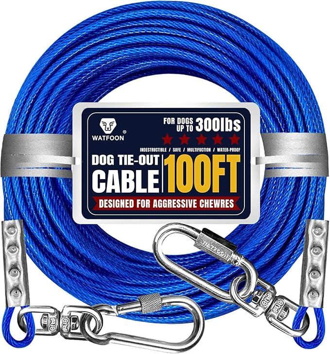 Tie Out Cable for Dogs Up to 300lbs,100ft Extra Strong 1000lbs Break Strength Tie-Out Tether Trolley Training Lead,Dog Run Cable for Yard Garden Park Camping Outside (Reflective Blue, 300lbs 100ft)
