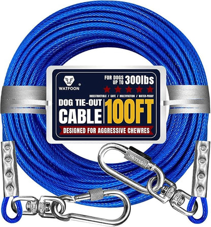 Tie Out Cable for Dogs Up to 300lbs,100ft Extra Strong 1000lbs Break Strength Tie-Out Tether Trolley Training Lead,Dog Run Cable for Yard Garden Park Camping Outside (Reflective Blue, 300lbs 100ft)