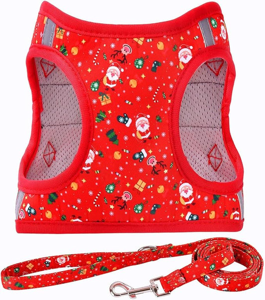 Moonpet Step in Christmas Xmas Day Dog Harness Leash Set- All Weather Reflective No-Pull Floral Pattern Padded Mesh Vest Harness for Cats Puppy Extra-Small Small Medium Large Dogs - M