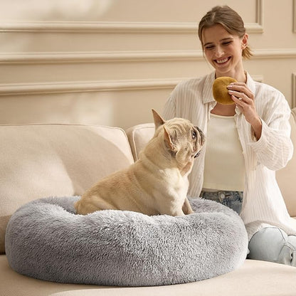 Bedsure Calming Dog Bed for Medium Dogs - Donut Washable Medium Pet Bed, 30 inches Anti-Slip Round Fluffy Plush Faux Fur Cat Bed, Fits up to 45 lbs Pets, Pale Grey