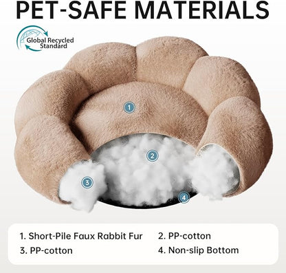 OhGeni 20 inches Calming Donut Dog & Cat Bed for Small Pets, Warming Comfort Fluffy Short Pile Fur, Durable Machine Washable, Cute Round Bed for Puppy and Kitten, Camel