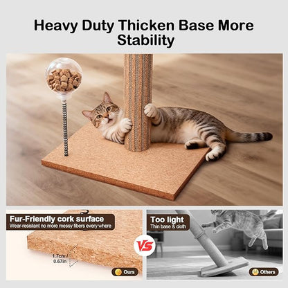 Cat Scratching Post Cork & Cardboard Mix with Heavey Duty Solid Wood Base, Indoor 26" Premium Durable Nature Kitten Scratch Post Tree with Snack Ball & Feather Interactive Toys for Kittens & Adult