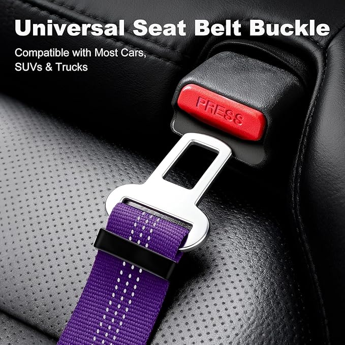 Dog Seat Belt for Car, Adjustable Dog Car Harness Seatbelt for Small Medium Large Dogs, Heavy Duty Travel Safety Restraint with Locking Aluminum Hook & Reflective Nylon Strap, Purple