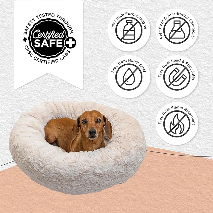 Best Friends by Sheri The Original Calming Donut Dog Bed – Washable Plush Pet Bed for Cats & Small Dogs up to 25 lbs, Lux Faux Fur, Oyster, Small (23" x 23")