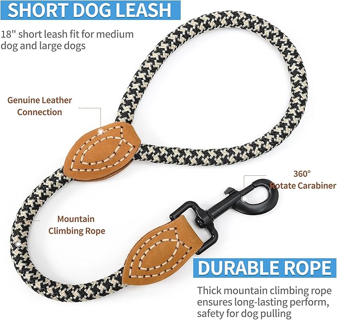 Mile High Life Short Leash for Large Dogs, Short Dog Rope Leash with Heavy Duty Metal Sturdy Clasp, Genuine Leather Tailored Connection(Black Khaki, 18 Inch)