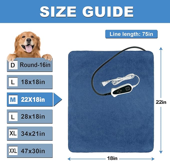 Bestio Cat Heating Pad, 22×18 in Heating Dog Bed Suitable for Medium and Small Pets, Adjustable Thermostat+Constant ON Function with Plush Cover - Blue