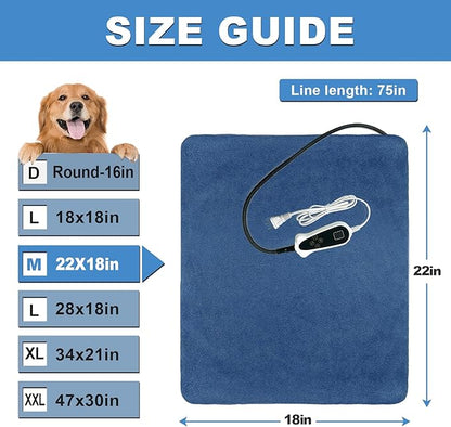 Bestio Cat Heating Pad, 22×18 in Heating Dog Bed Suitable for Medium and Small Pets, Adjustable Thermostat+Constant ON Function with Plush Cover - Blue