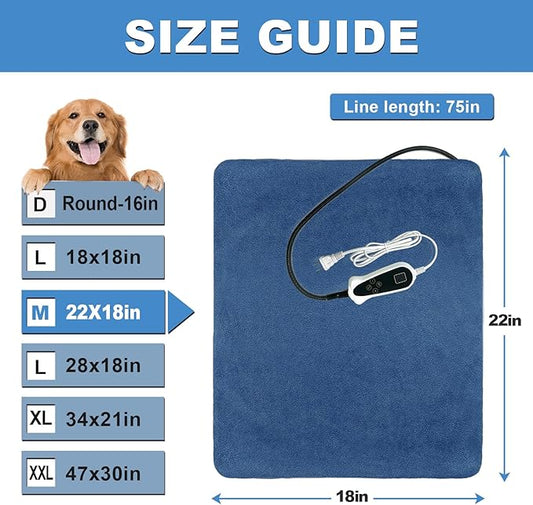 Bestio Cat Heating Pad, 22×18 in Heating Dog Bed Suitable for Medium and Small Pets, Adjustable Thermostat+Constant ON Function with Plush Cover - Blue