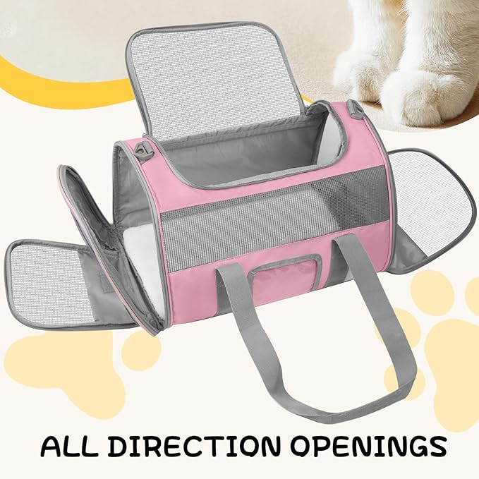 Seclato Soft Side Cat Carrier Airline Approved for Puppy Kitten Dog Carriers for Small Medium Cats Under 15lb, Collapsible TSA Approved Travel Pet Carrier, Pink with Grey