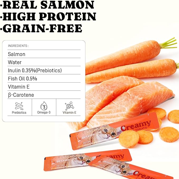 PETASTY Squeeze Up Stick High Protein Lickable Cat Treats, 20 Count Grain-Free Salmon Soft Creamy Puree with Vitamin E, Omega-3 Wet Cat Treat, Skin Coat Care for Daily Interactive Training Reward