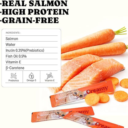 PETASTY Squeeze Up Stick High Protein Lickable Cat Treats, 20 Count Grain-Free Salmon Soft Creamy Puree with Vitamin E, Omega-3 Wet Cat Treat, Skin Coat Care for Daily Interactive Training Reward