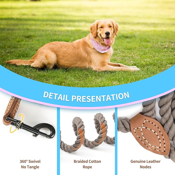 Mile High Life Short Dog Leash, Braided Cotton Rope Leashes with Leather Tip - Heavy Duty Metal Clasp, 18IN, 1/2" Thick - Wedding, Walking & Training Leash for Medium Large Dogs