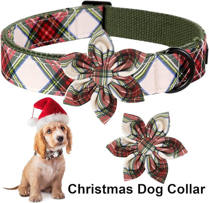 ARING PET Christmas Dog Collar, Cute Xmas Red Green Plaid Detachable Flower Pet Collar with Metal Buckle for Puppy Small Medium Large Boy Girl Dog-M