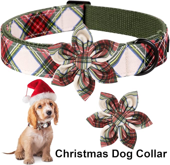 ARING PET Christmas Dog Collar, Cute Xmas Red Green Plaid Detachable Flower Pet Collar with Metal Buckle for Puppy Small Medium Large Boy Girl Dog-S