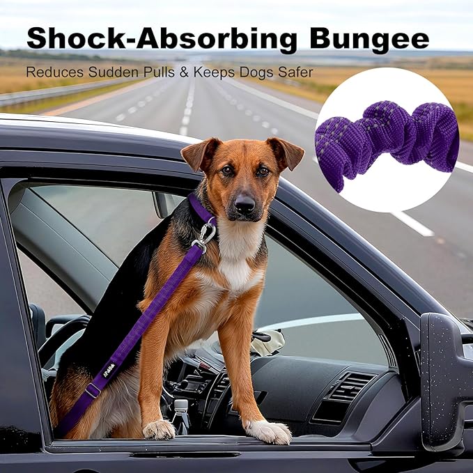 Dog Seat Belt for Car, Adjustable Dog Car Harness Seatbelt for Small Medium Large Dogs, Heavy Duty Travel Safety Restraint with Locking Aluminum Hook & Reflective Nylon Strap, Purple