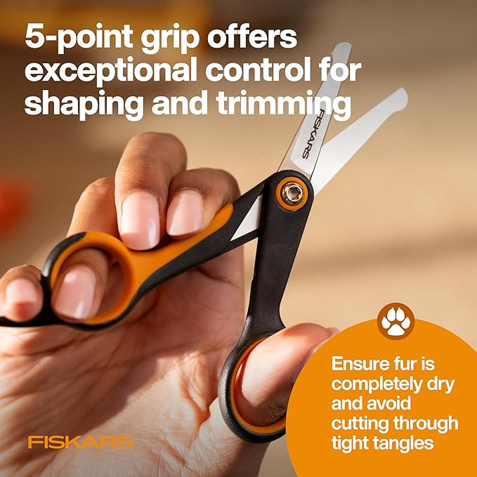 Fiskars Pet, Dog & Cat Grooming Scissors, Rounded Tips & SoftGrip Handle, Cat and Dog Supplies, Orange/Black, Detailing Scissors