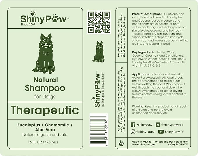 Shiny Paw Dog Shampoo Itchy Skin Relief 16 oz | Hypoallergenic Dog Wash | Eucalyptus, Chamomile & Aloe Vera | Dog Shampoo Sensitive Skin & Smelly Dogs | Made in USA