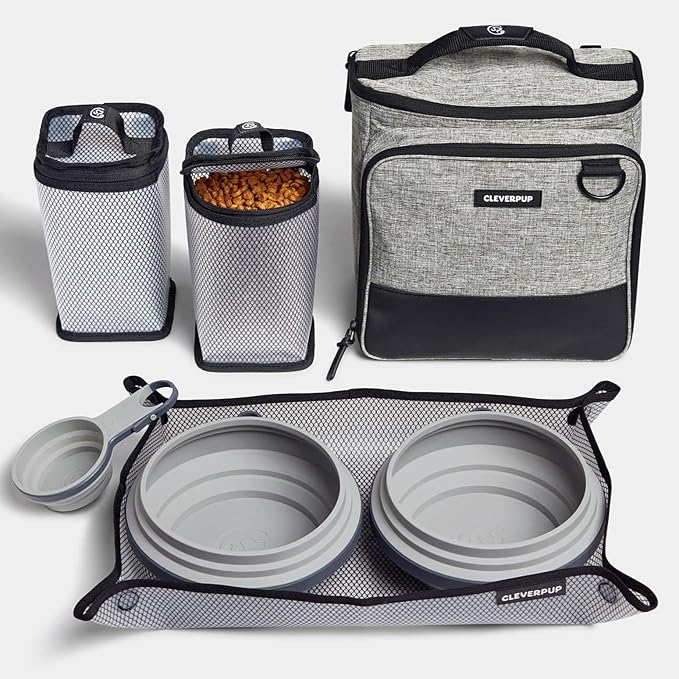 Cleverpup, Large 7-Piece Bistro Box Dog Food Travel Kit, 12-Cup Kibble Storage, 2 Silicone Bowls, Mat & Scoop - Premium Portable Pet Food Kit for Weekends, Overnights, Daycare & Camping, Heather Grey