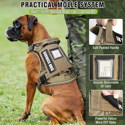 MOOGROU Tactical Dog Harness and Leash Set for Large Dogs,Heavy Duty No Pull Service Dog Vest and 10 Patches with Dog Seat Belt,Reflective Adjustable Pet Harness for Training Walking Hiking Camo L