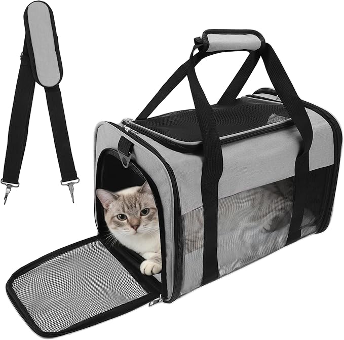 RENEWREVITAL Pet Carrier, Breathable Mesh Design, Soft Cat Carrier with Shoulder Strap, Comfortable Travel Solution, Grey