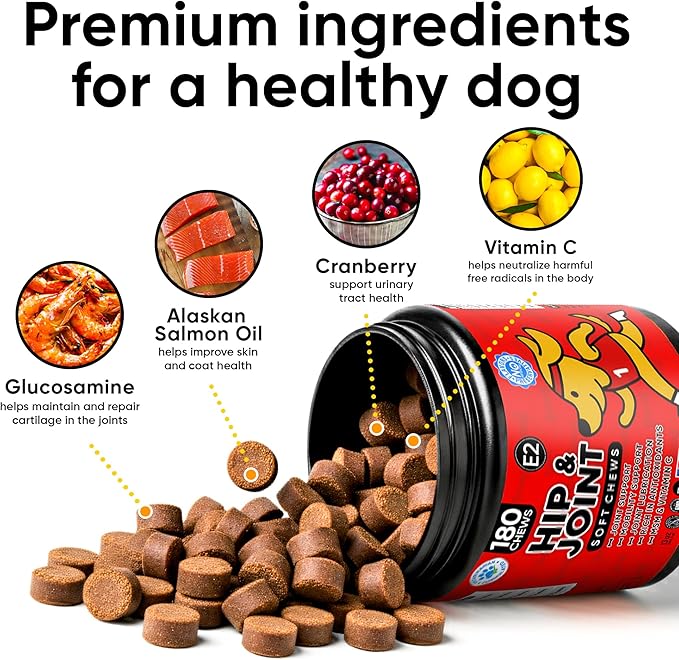 Hip & Joint Supplement for Dogs - Dog Treats with Glucosamine Chondroitin & Hyaluronic Acid - Chews for Mobility Support - Pain and Inflammation Relief - Tasty Dog Supplements for Comfort - 180 Count